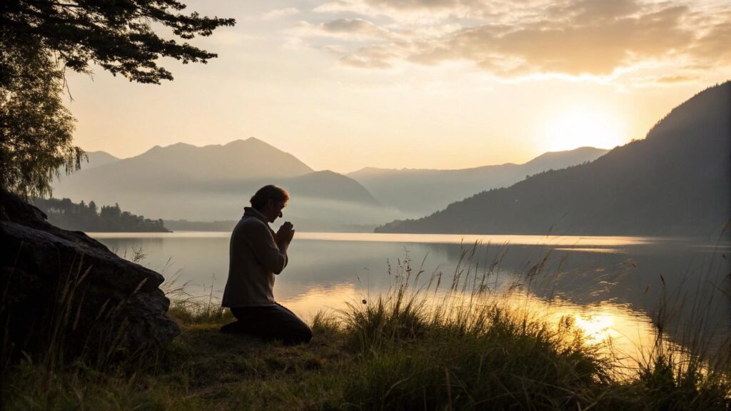 Cena espiritual e tranquila ao amanhecer de domingo, com paisagem natural serena e pessoa em oração refletindo fé e inspiração