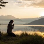 Cena espiritual e tranquila ao amanhecer de domingo, com paisagem natural serena e pessoa em oração refletindo fé e inspiração