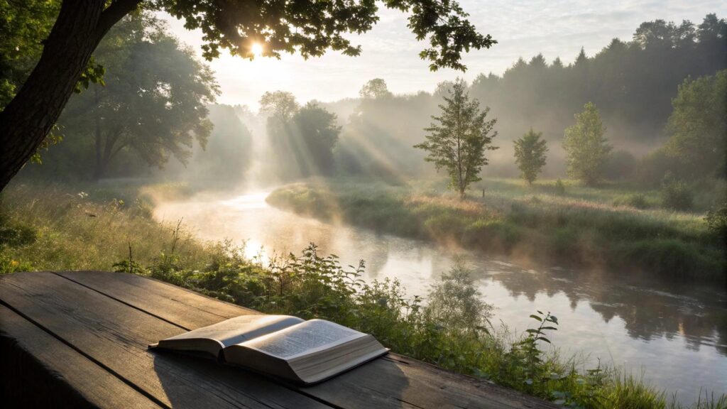 Imagem de uma paisagem serena com Bíblia aberta ao ar livre representando o Salmo do dia