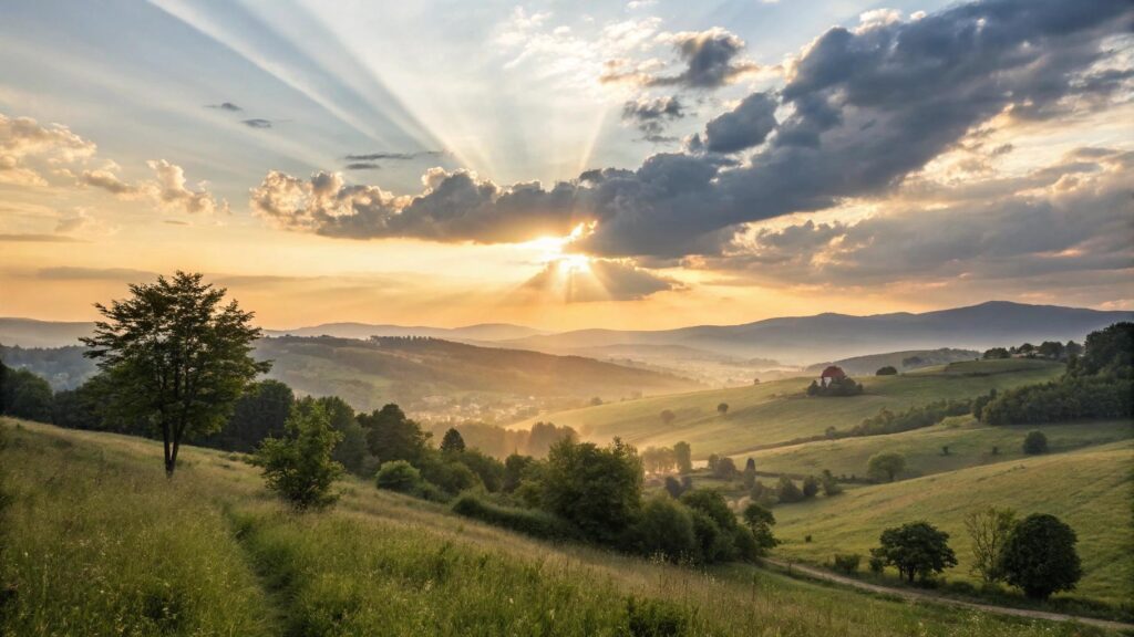 Paisagem serena ao nascer do sol com atmosfera de fé, esperança e reflexão espiritual