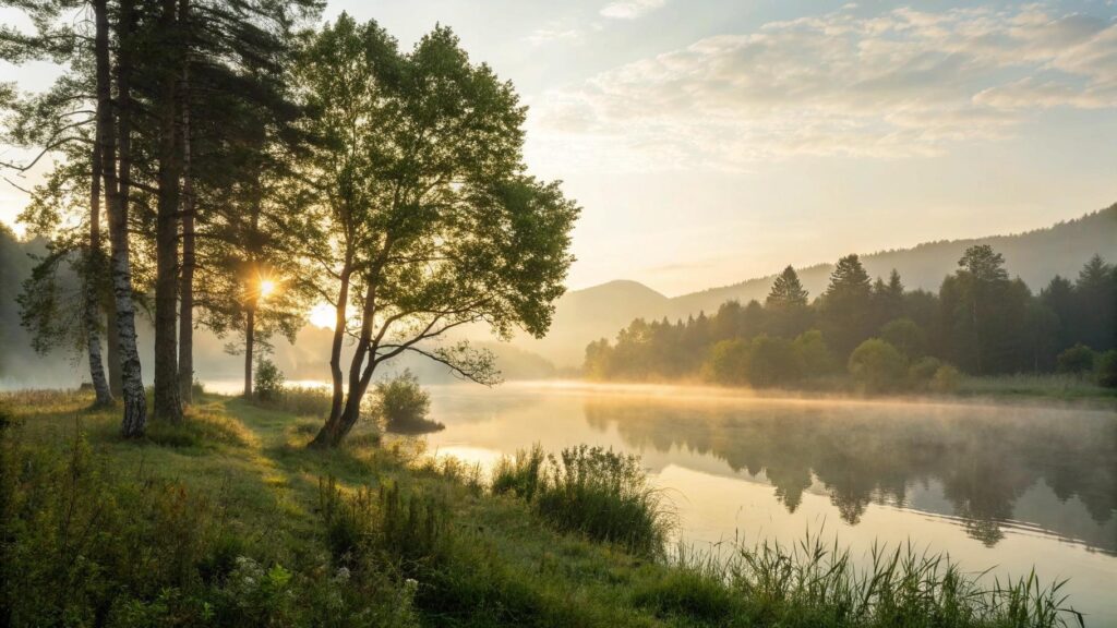 Paisagem natural serena ao amanhecer transmitindo fé, esperança e paz interior