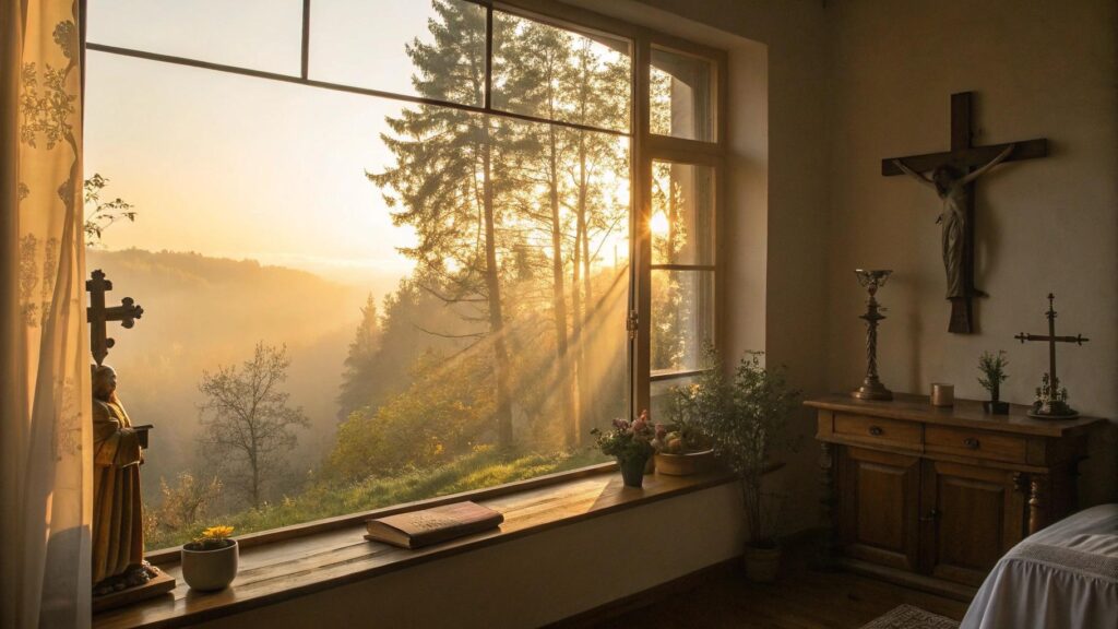 Imagem inspiradora de oração e reflexão matinal com paisagem tranquila ao amanhecer