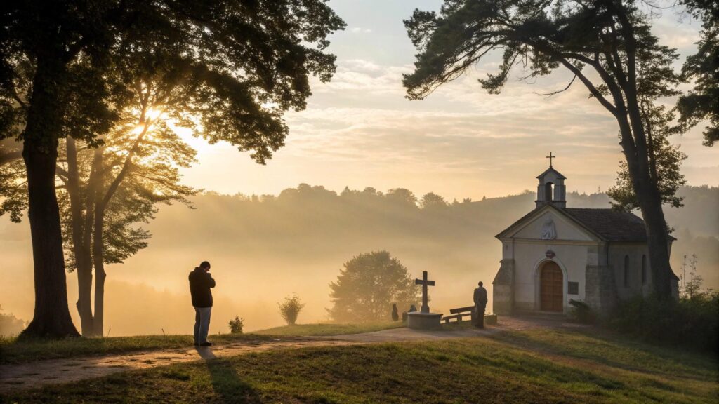 Cena religiosa inspiradora ao amanhecer com uma figura em oração em frente a uma capela, representando fé e esperança