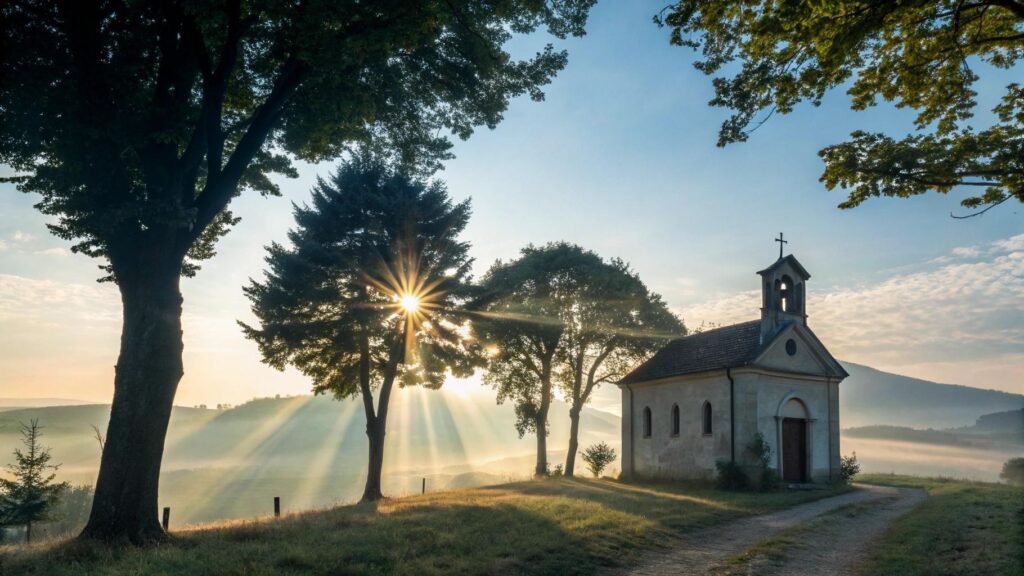 Cena religiosa serena com capela no campo iluminada pela luz da manhã, simbolizando fé e inspiração