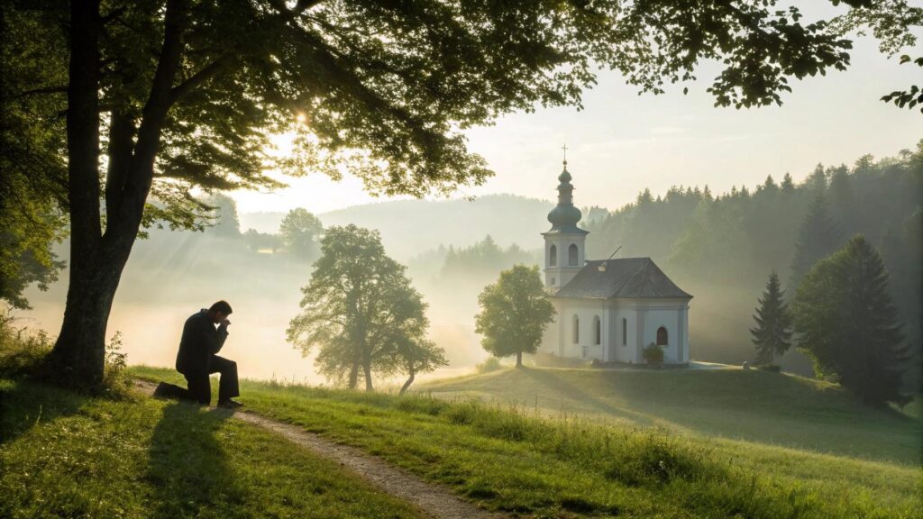 imagem de uma manhã serena com uma capela no campo, uma pessoa em oração e natureza ao redor