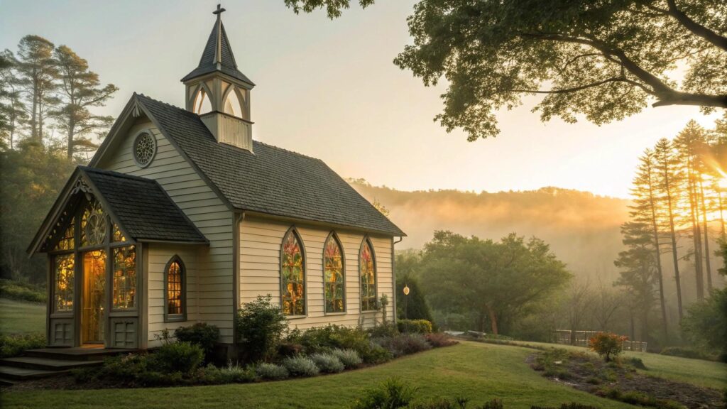 imagem de uma capela tranquila ao amanhecer com luz dourada e ambiente de fé e inspiração