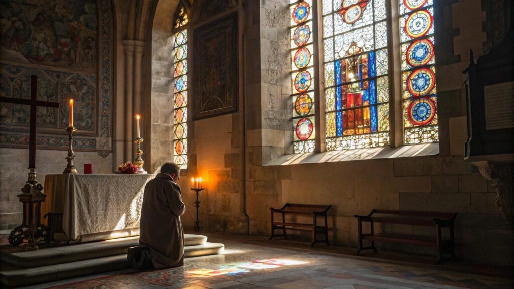 Cena espiritual com figura orando em igreja iluminada por vitrais, transmitindo fé e esperança