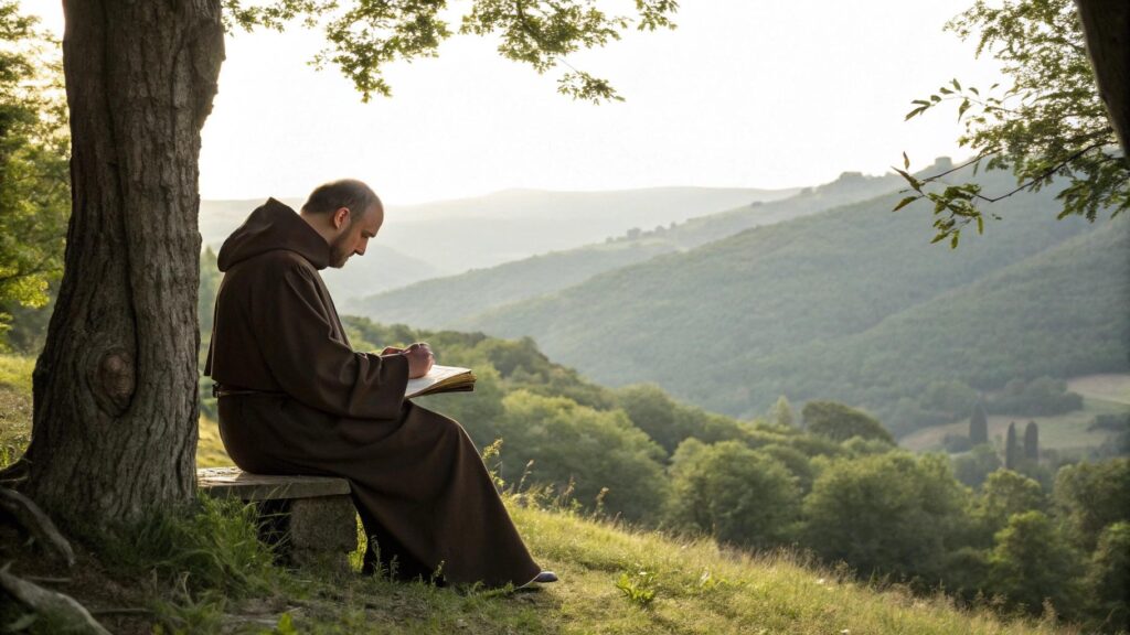imagem inspiradora representando São Raniero com vestes medievais em cenário natural e espiritual