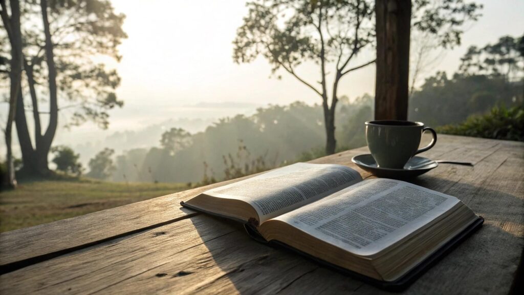 Versículo do dia 12 de junho de 2025: Bíblia aberta em uma mesa com luz suave e cenário tranquilo de reflexão espiritual