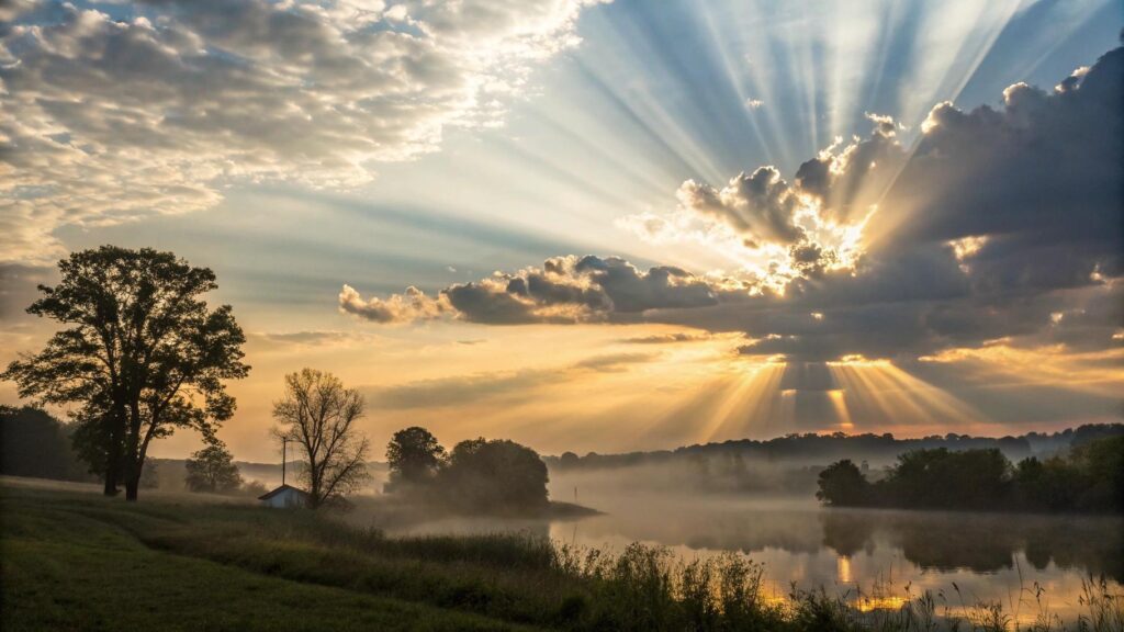 Cenário espiritual inspirador ao amanhecer com luz suave atravessando as nuvens sobre uma paisagem serena