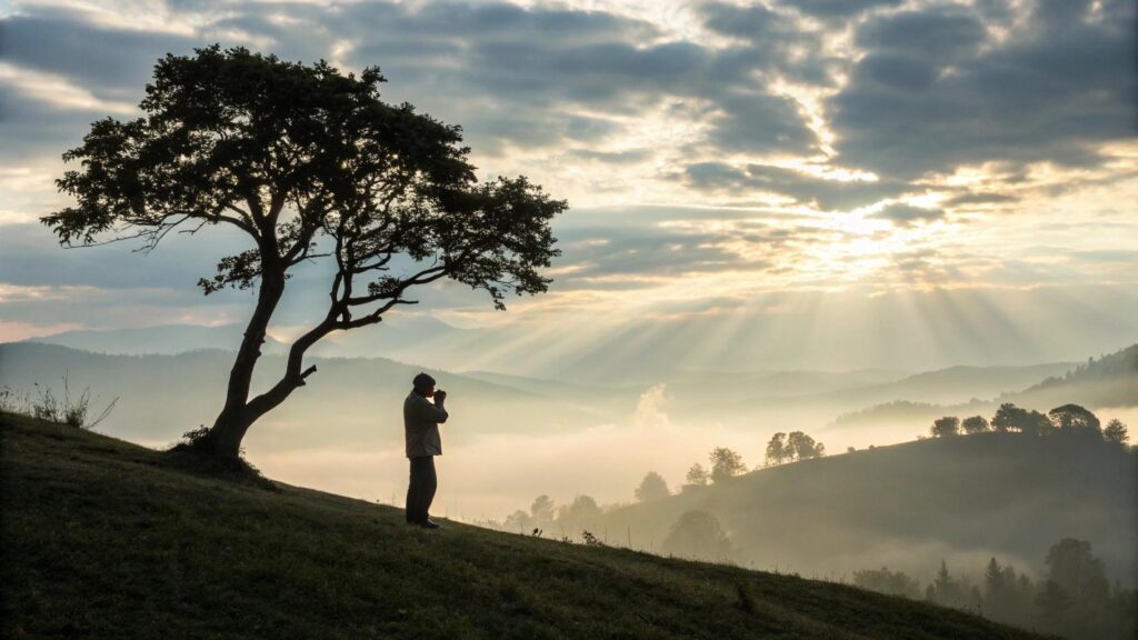 Pessoa em oração ao amanhecer em uma colina, com luz suave e paisagem serena