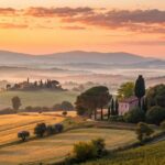 amanhecer tranquilo no campo com luz dourada suave, transmitindo fé, otimismo e inspiração