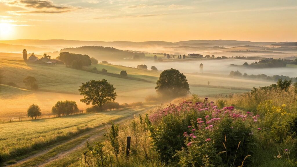 Paisagem campestre ao amanhecer com luz dourada, flores e atmosfera inspiradora de fé e otimismo