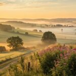 Paisagem campestre ao amanhecer com luz dourada, flores e atmosfera inspiradora de fé e otimismo