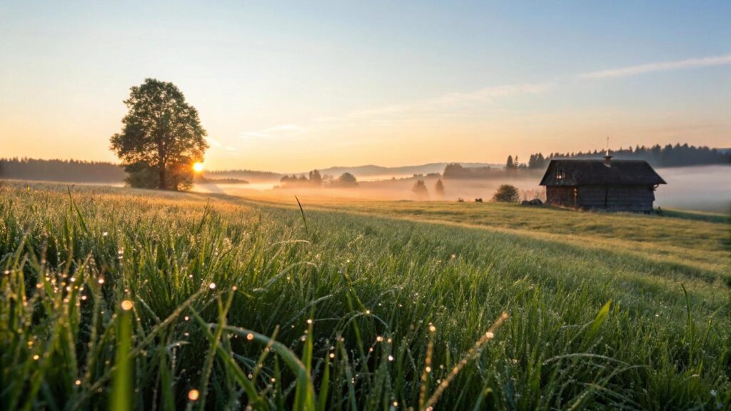 Imagem de um amanhecer tranquilo com luz suave, natureza e esperança para uma quarta-feira inspiradora