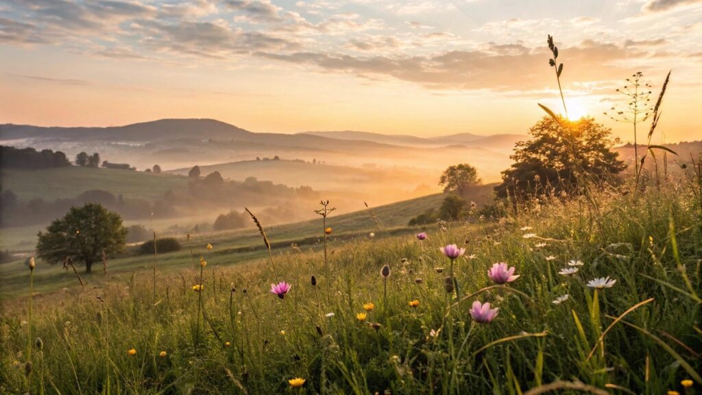 Paisagem tranquila ao amanhecer com flores desabrochando sob luz suave do sol
