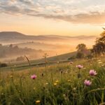 Paisagem tranquila ao amanhecer com flores desabrochando sob luz suave do sol