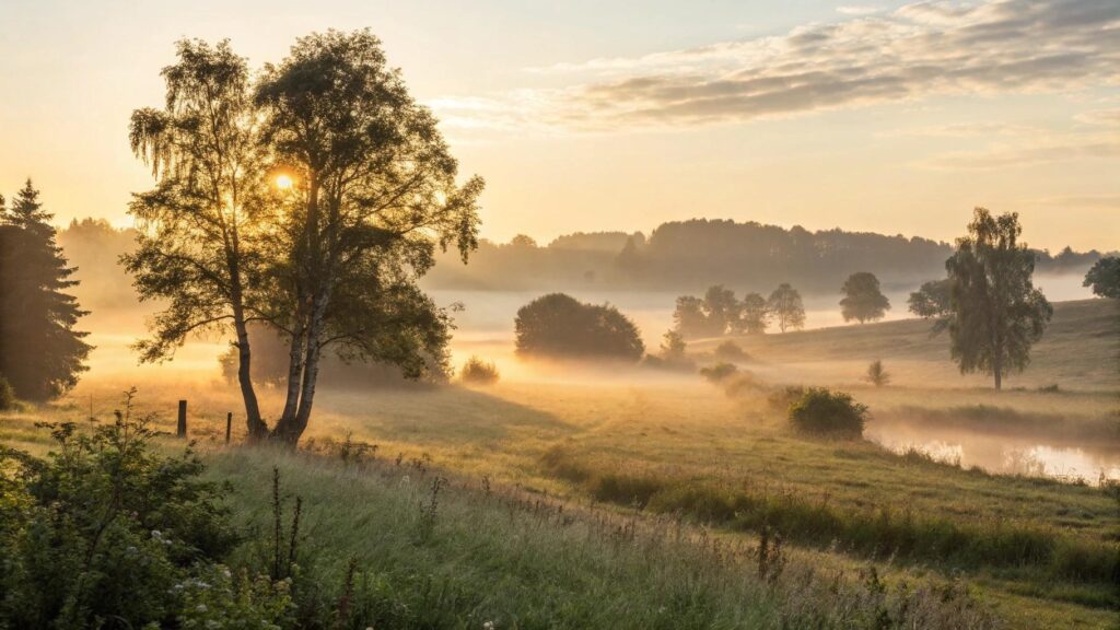 Paisagem serena de manhã em agosto com luz suave simbolizando fé, esperança e reflexão