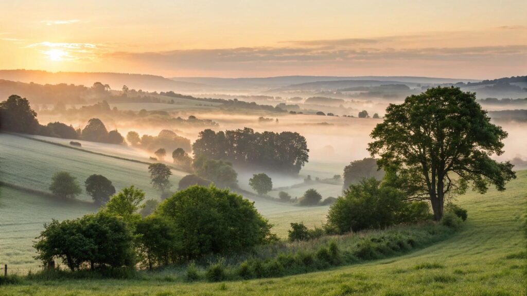 Paisagem tranquila ao amanhecer no campo em julho, com névoa matinal e atmosfera de esperança