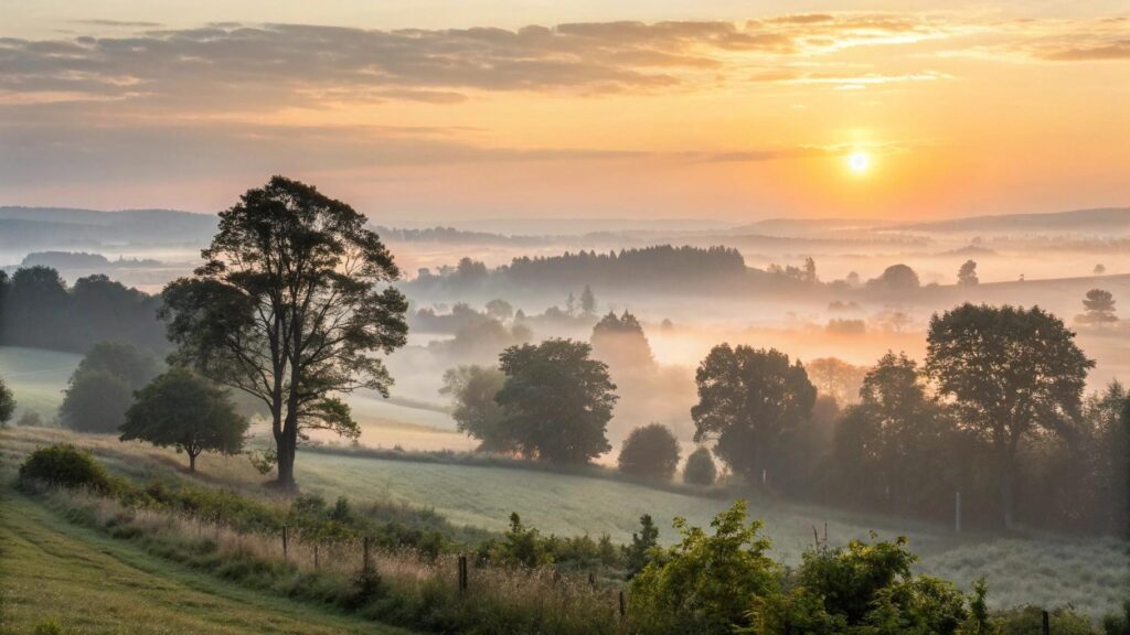amanhecer tranquilo em uma paisagem campestre representando esperança e inspiração para a quarta-feira, 02/07/2025