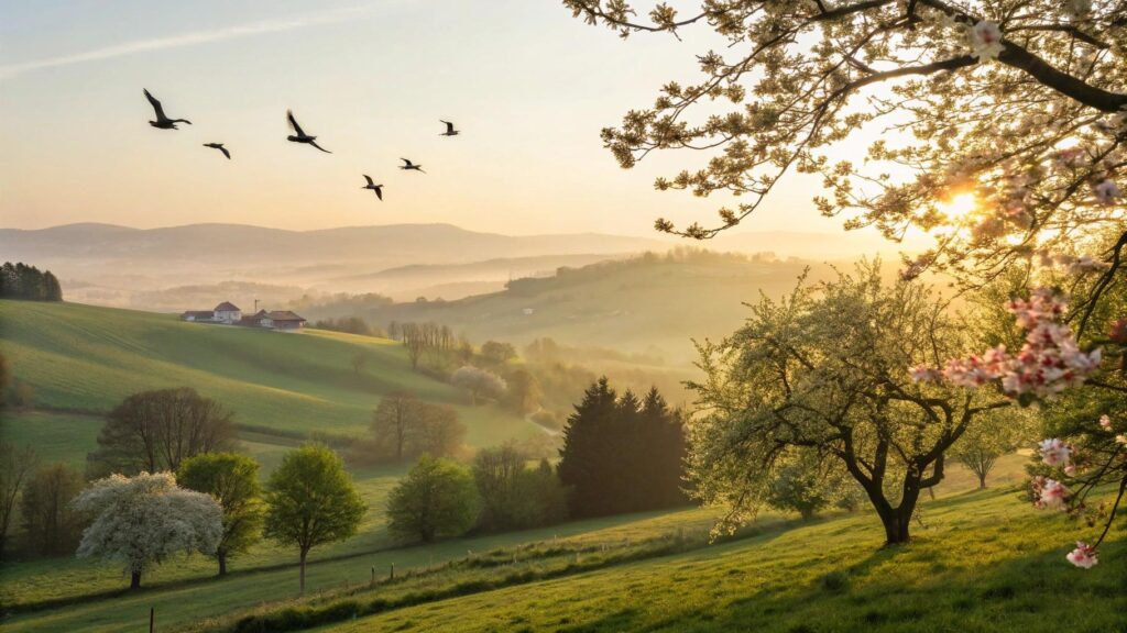 Cena tranquila de manhã com luz do sol atravessando árvores, simbolizando fé, esperança e inspiração para quinta-feira 03 de julho de 2025