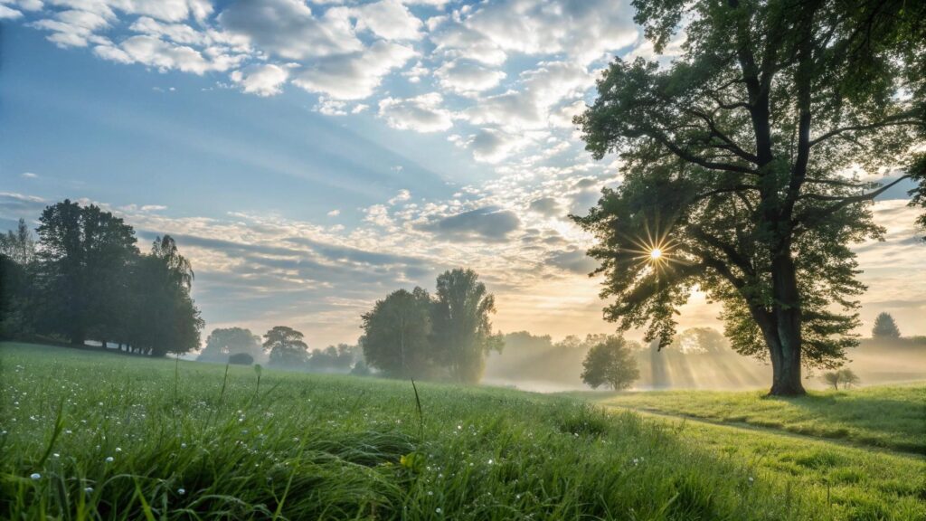paisagem serena de manhã com luz suave, céu claro e sensação de fé, inspiração e esperança para quinta-feira