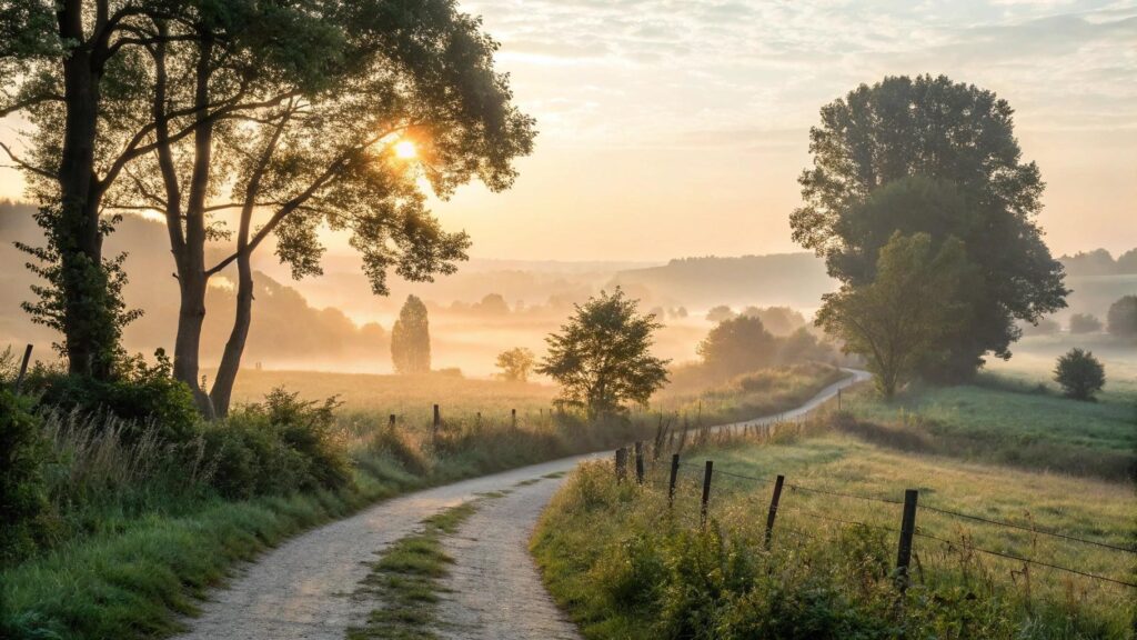 imagem de um amanhecer sereno na natureza com luz suave e atmosfera de inspiração