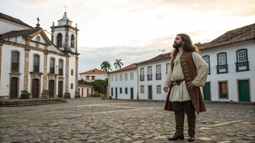 Representação artística do legado de Tiradentes em uma praça colonial brasileira
