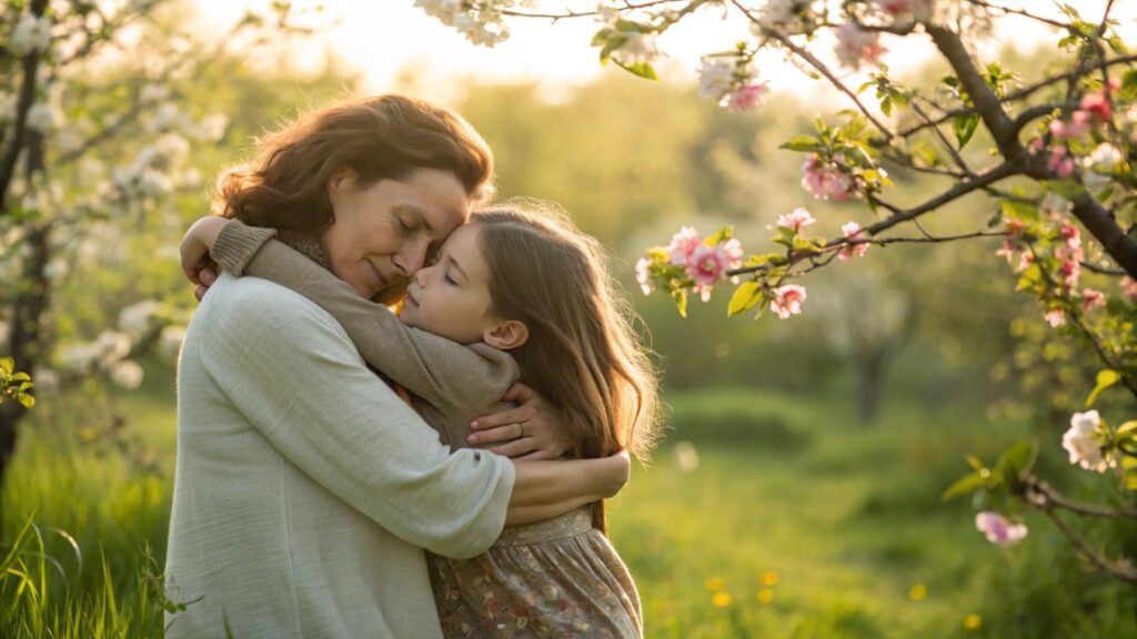 Imagem de uma mãe abraçando seu filho em um jardim ensolarado, representando amor e gratidão no Dia das Mães