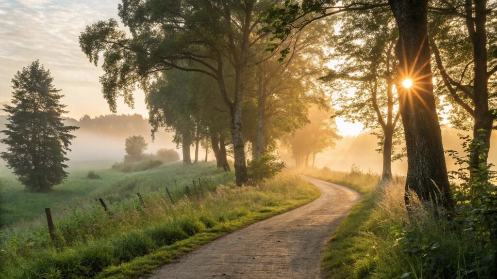 Amanhecer sereno em uma trilha campestre, representando fé e reflexão espiritual