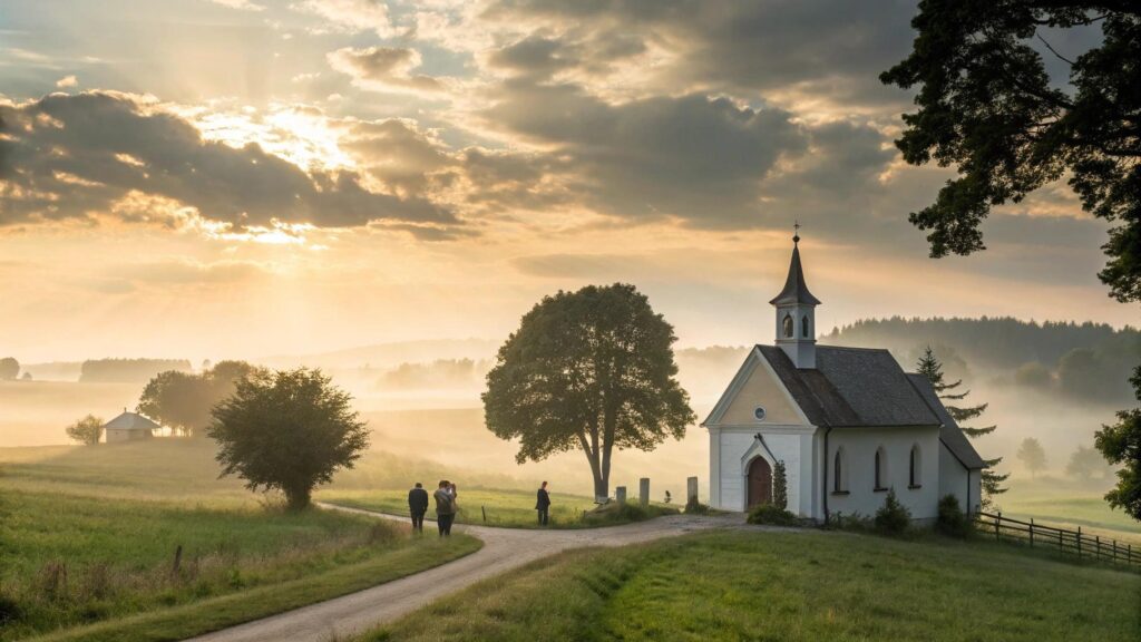 Cena tranquila de manhã com luz suave do sol sobre uma igreja no campo, simbolizando reflexão espiritual e esperança