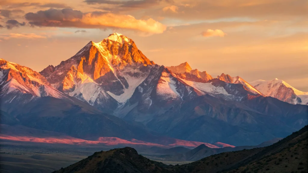 Imagem de um nascer do sol sobre montanhas majestosas.