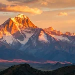 Imagem de um nascer do sol sobre montanhas majestosas.