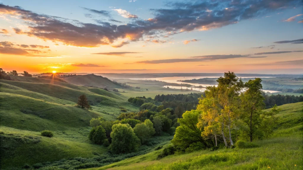Imagem de paisagem serena ao amanhecer, com luz dourada suave, atmosfera pacífica e texturas detalhadas.