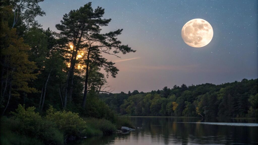 Fase da lua hoje sábado 05 de julho de 2025: Gibosa Crescente iluminando uma paisagem serena com atmosfera de fé e luz