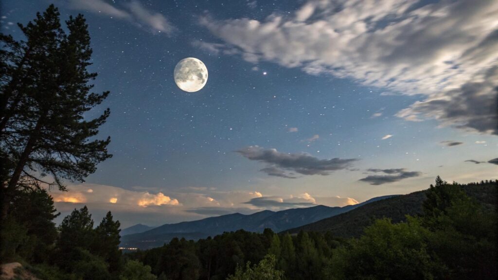 Fase da Lua hoje segunda-feira 07/07/2025 com céu estrelado e lua gibosa crescente visível no horizonte