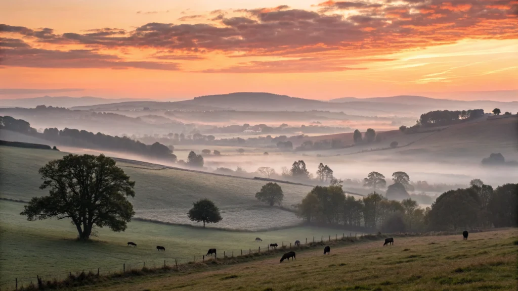 Imagem de um nascer do sol com paisagens serenas, representando um novo dia cheio de esperança e paz.