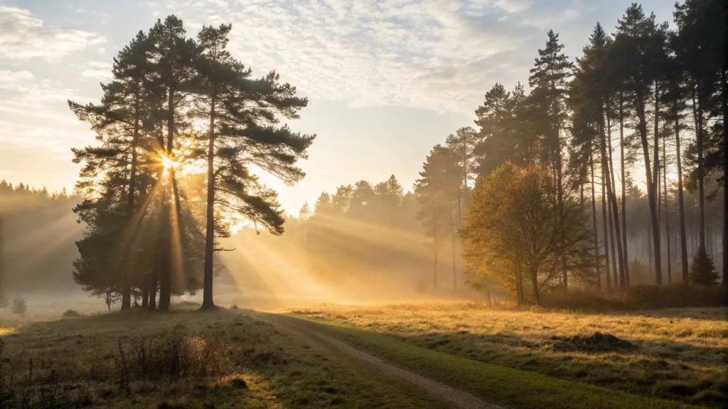 Imagem de um amanhecer tranquilo em uma floresta, com raios de sol penetrando a névoa.