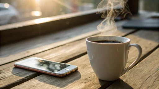 Imagem de uma xícara de café com um smartphone ao lado, mostrando uma mensagem de bom dia.