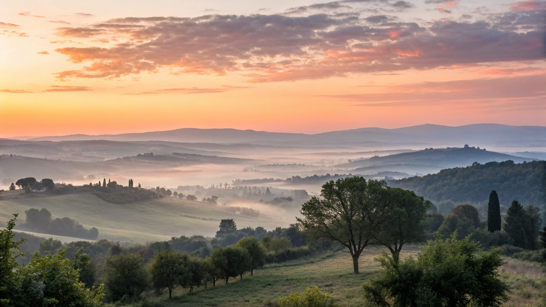Imagem de um nascer do sol sobre uma paisagem tranquila, ideal para mensagens de bom dia.