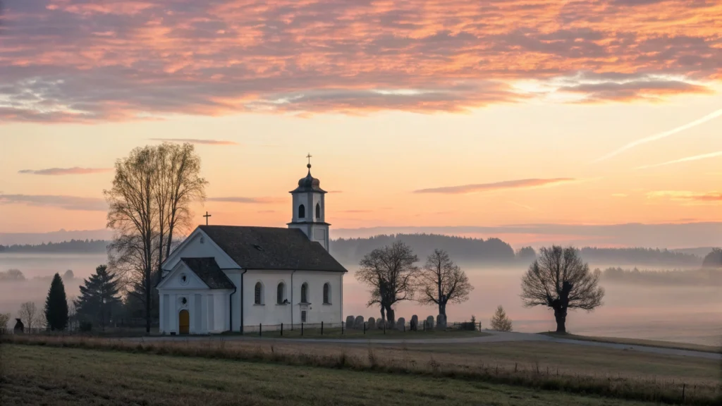 Imagem de um nascer do sol sobre uma igreja, representando paz e espiritualidade.