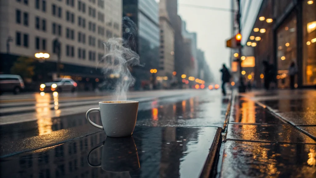 Uma xícara de café fumegante em uma manhã chuvosa de sexta-feira.