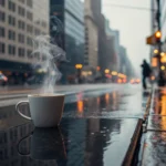 Uma xícara de café fumegante em uma manhã chuvosa de sexta-feira.