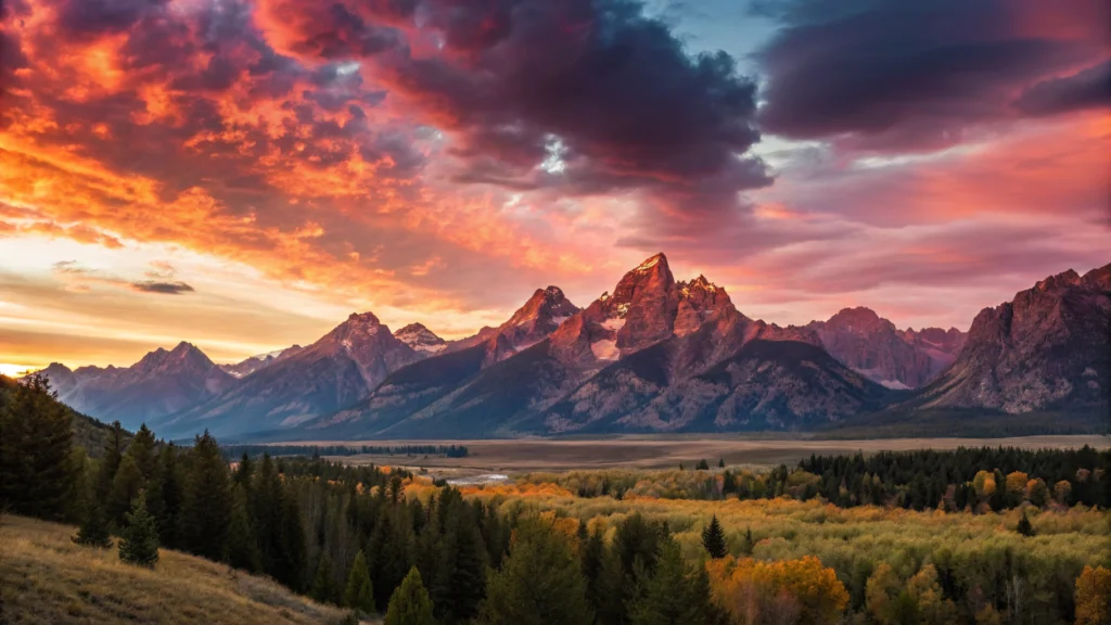 Imagem de um nascer do sol vibrante sobre montanhas, sem pessoas ou animais.