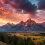 Imagem de um nascer do sol vibrante sobre montanhas, sem pessoas ou animais.