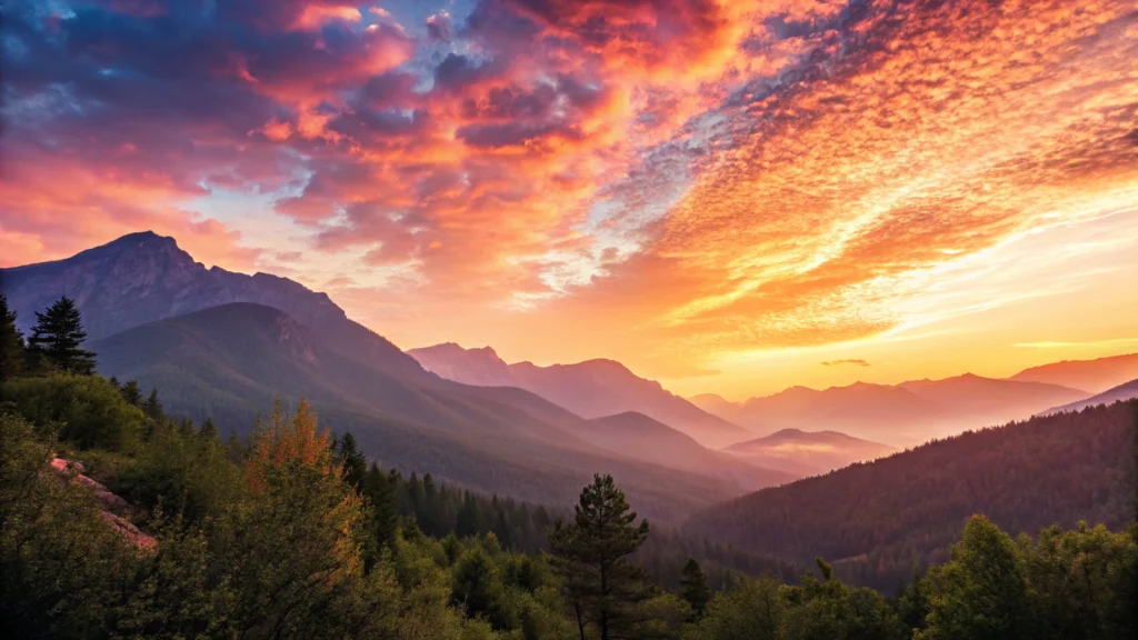 Imagem de um lindo amanhecer com montanhas e um céu vibrante.