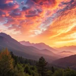 Imagem de um lindo amanhecer com montanhas e um céu vibrante.