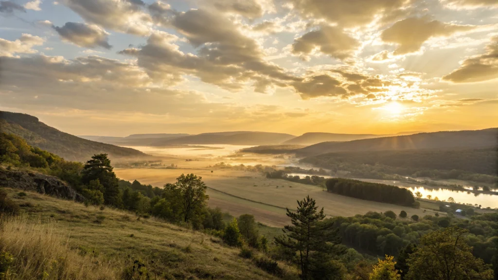 Imagem de um nascer do sol sobre uma paisagem serena, ideal para mensagens de bom dia.