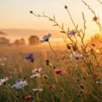 Foto de um nascer do sol sobre um campo de flores silvestres, com cores vibrantes e atmosfera pacífica.