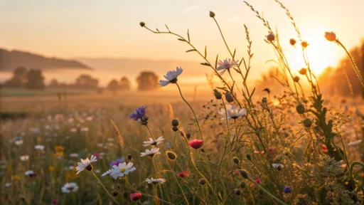 Foto de um nascer do sol sobre um campo de flores silvestres, com cores vibrantes e atmosfera pacífica.